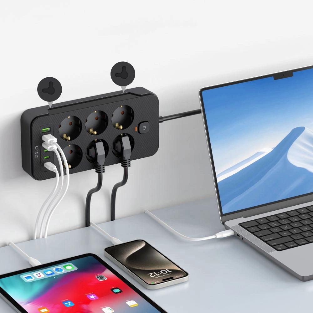 Tech-Protect PC6X6 Power Strip 6 Sockets 240V + 3xUSB-A + 3xUSB-C 200cm - sort