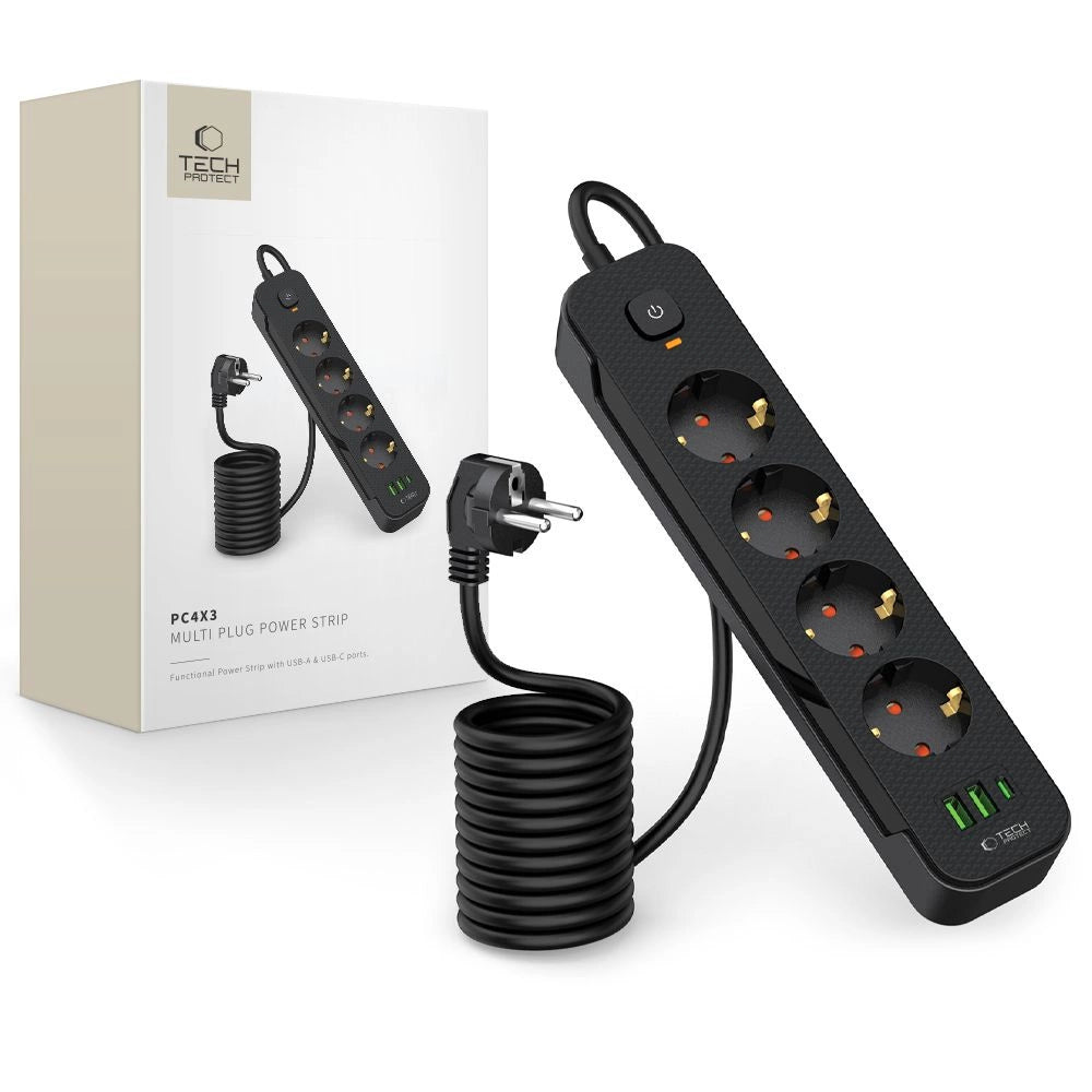 Tech-Protect PCL4X3 Power Strip 4 stikkontakter 240V + 2xUSB-A + 1xUSB-C 200 cm - sort