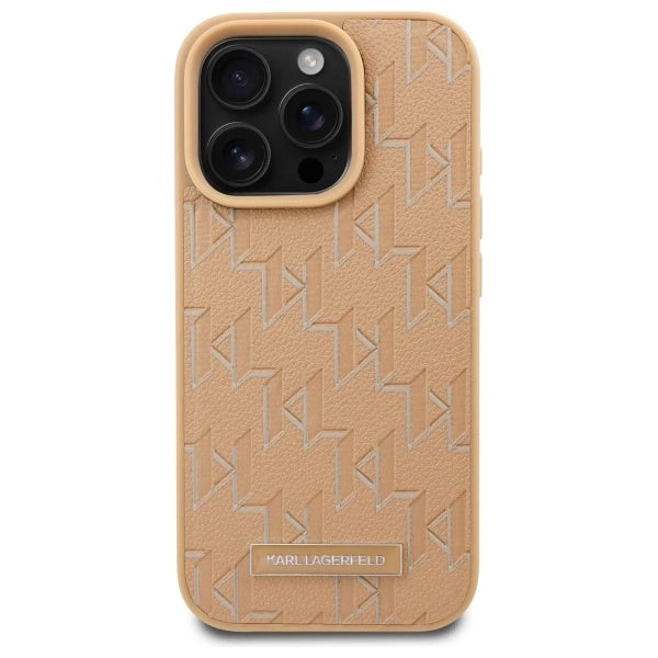 Karl Lagerfeld Leather Monogram Metal Logo MagSafe iPhone 16 Pro Case - Beige
