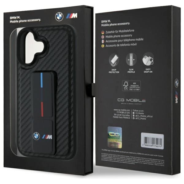 BMW M Grip Stand Smooth og Carbon Case til iPhone 16 - sort