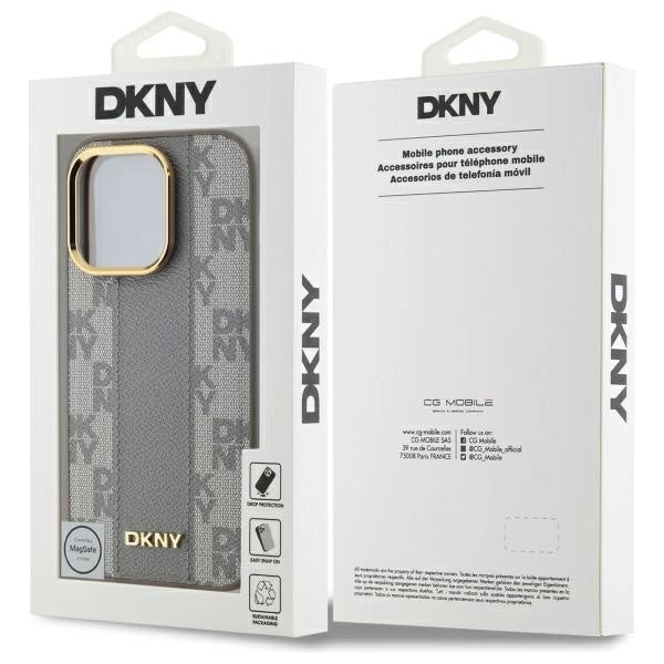 MagSafe iPhone 14 Pro-kasse af DKNY læder med krydsede mono mønstre - beige