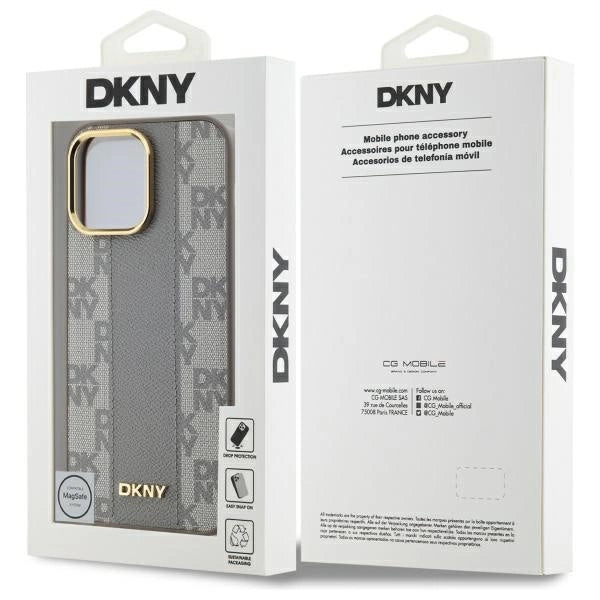 MagSafe iPhone 14 Pro Max-kasse af DKNY læder med krydsede mono mønstre - beige