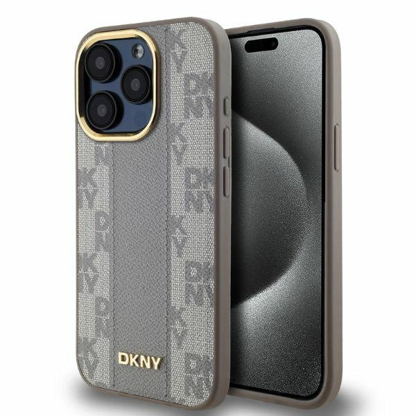 MagSafe iPhone 15 Pro-kasse af DKNY læder med krydsede mono mønstre - beige