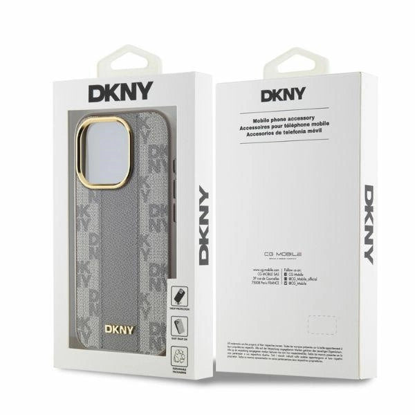 MagSafe iPhone 15 Pro-kasse af DKNY læder med krydsede mono mønstre - beige