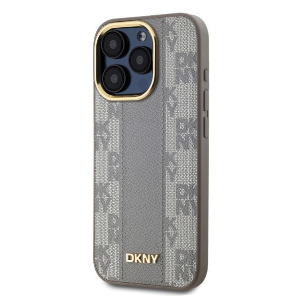 MagSafe iPhone 15 Pro Max-kasse af DKNY læder med krydsede mono mønstre - beige