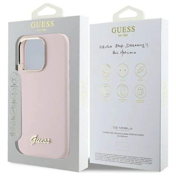 Guess Silicone Script Metal Logo & Frame iPhone 16 Pro Max Case - Pink