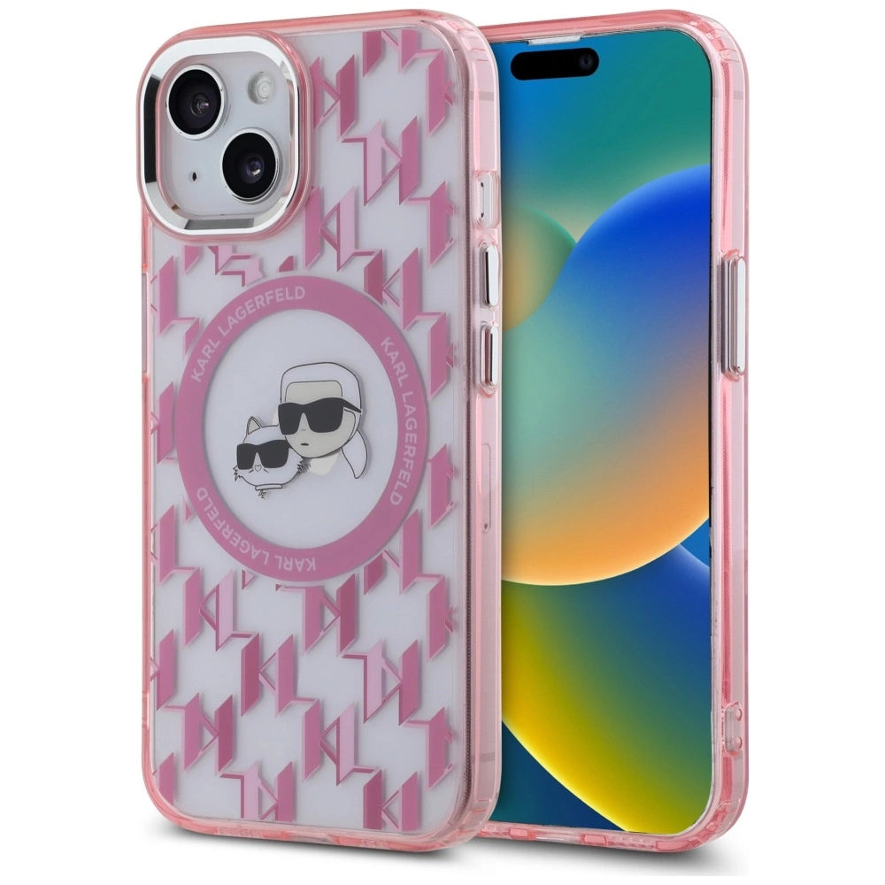Karl Lagerfeld IML Monogram Karl & Choupette Head MagSafe iPhone 15 Plus Case - Pink