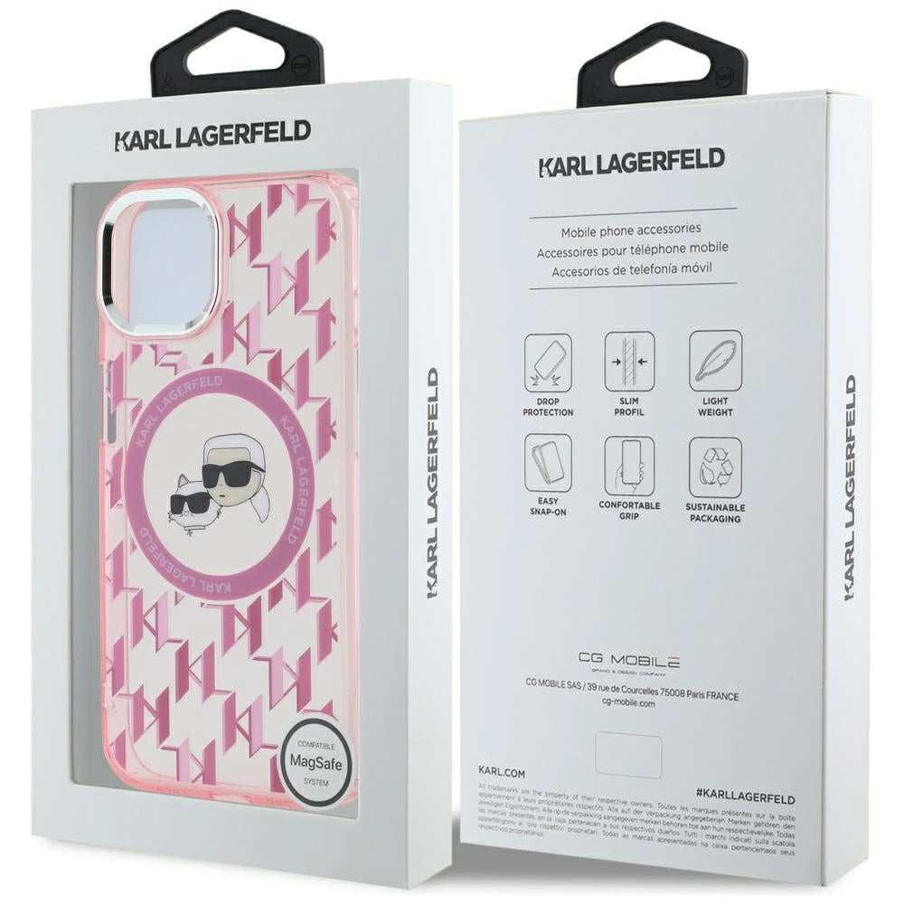 Karl Lagerfeld IML Monogram Karl & Choupette Head MagSafe iPhone 15 Case - Pink