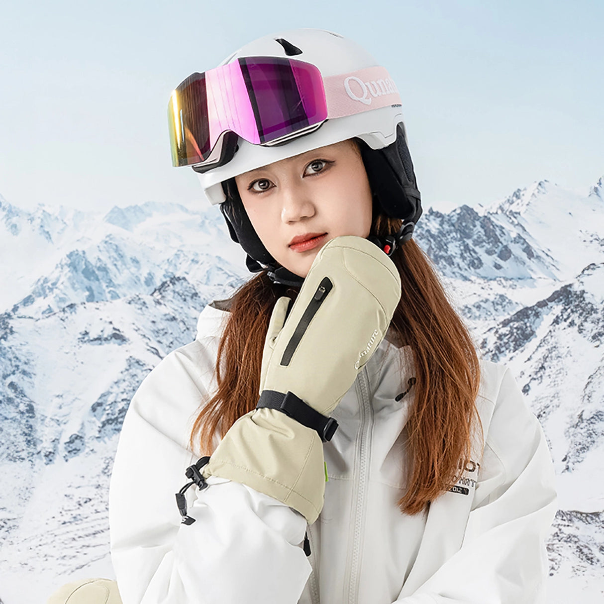 Qunature skihandsker i fuld længde størrelse L - lysbrun