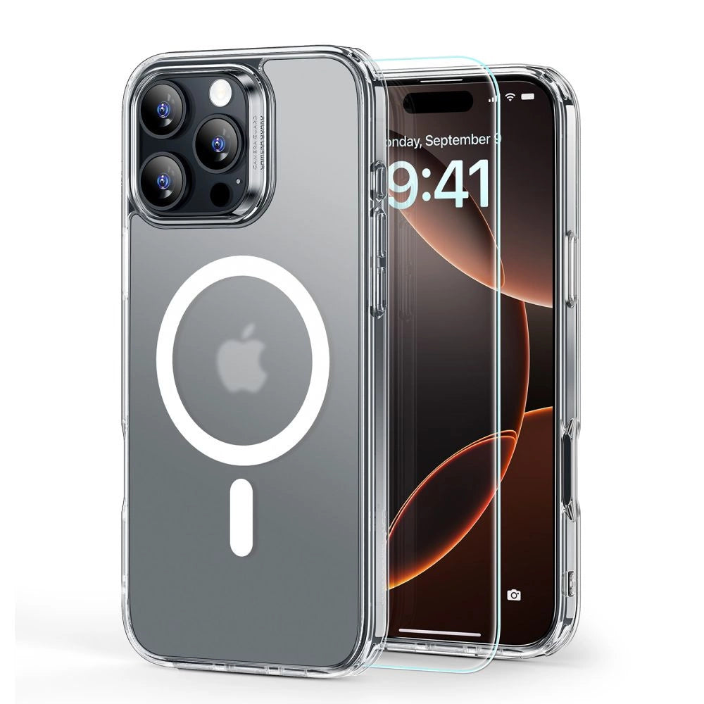 ESR Classic Hybrid Halolock MagSafe Case + Hæmt glas til iPhone 16 Pro Max - Halvt gennemsigtigt