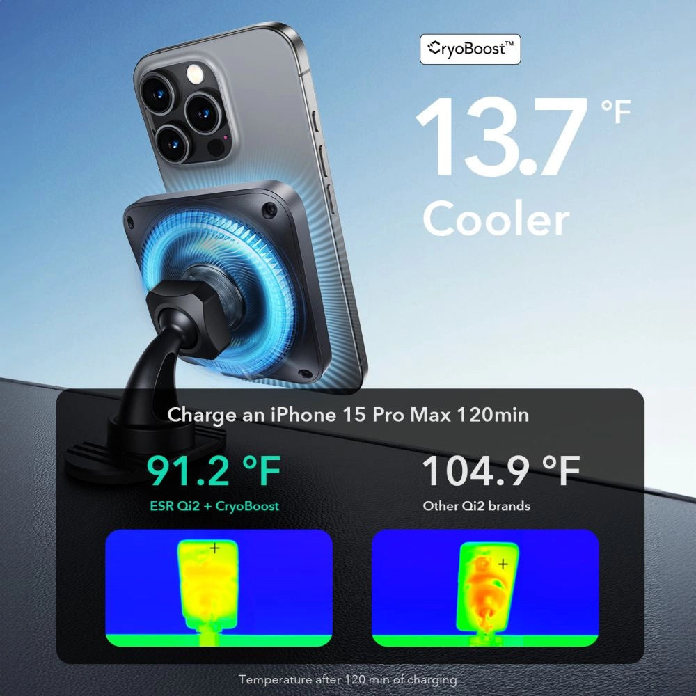 ESR Halolock CryoBoost MagSafe induktive opladerholder til instrumentbræt og luftventil med Qi 2 15W - sort