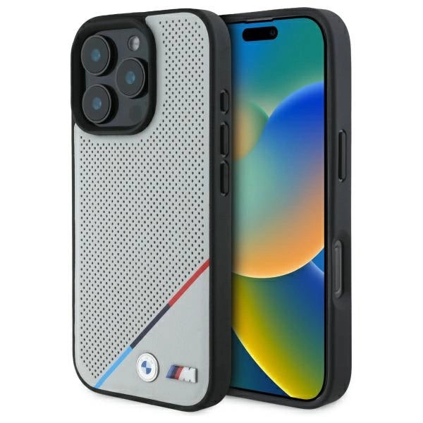 BMW M Perforeret Tricolor Line MagSafe Case til iPhone 16 Pro Max - Grå