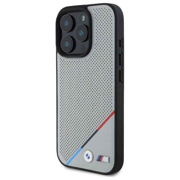 BMW M Perforeret Tricolor Line MagSafe Case til iPhone 16 Pro Max - Grå