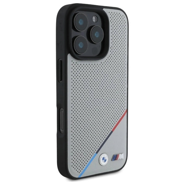 BMW M Perforeret Tricolor Line MagSafe Case til iPhone 16 Pro Max - Grå
