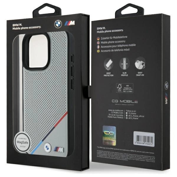 BMW M Perforeret Tricolor Line MagSafe Case til iPhone 16 Pro Max - Grå