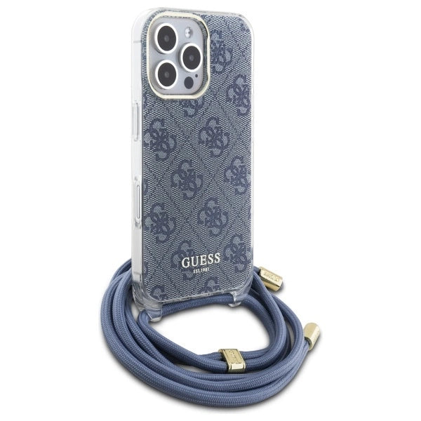 Guess Crossbody Cord 4G Print Case med Lanyard til iPhone 16 Pro - Blå