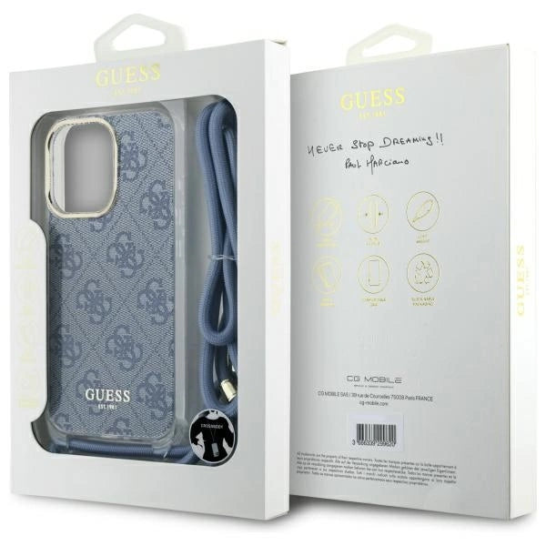 Guess Crossbody Cord 4G Print Case med Lanyard til iPhone 16 Pro - Blå