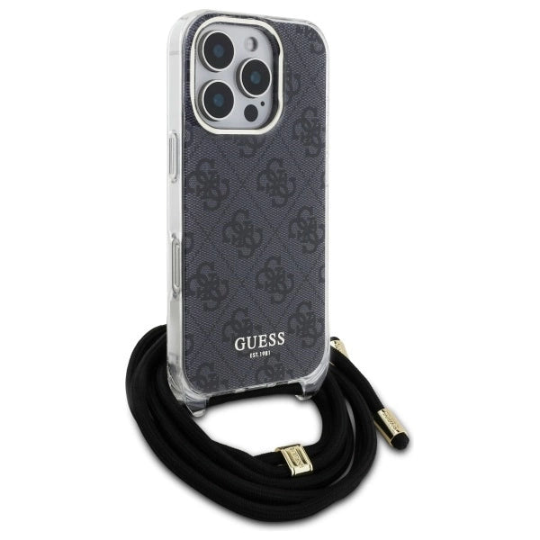 Guess Crossbody Cord 4G Print Case med Lanyard til iPhone 16 Pro - sort