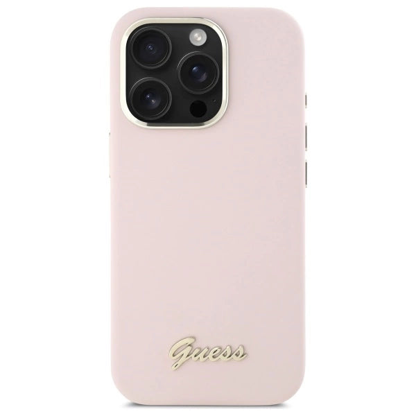 Guess Silicone Script Metal Logo & Frame iPhone 16 Pro Case - Pink