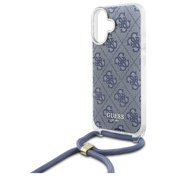 Guess Crossbody Cord 4G Print Case med Lanyard til iPhone 16 - Blå