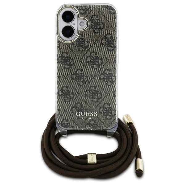 Guess Crossbody Cord 4G Print Case med Lanyard til iPhone 16 - Brown