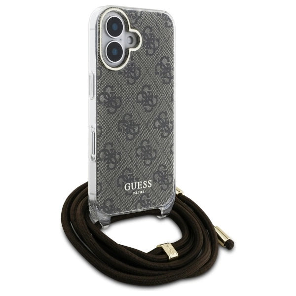 Guess Crossbody Cord 4G Print Case med Lanyard til iPhone 16 - Brown