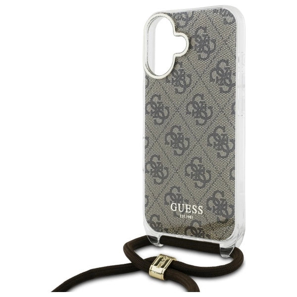 Guess Crossbody Cord 4G Print Case med Lanyard til iPhone 16 - Brown