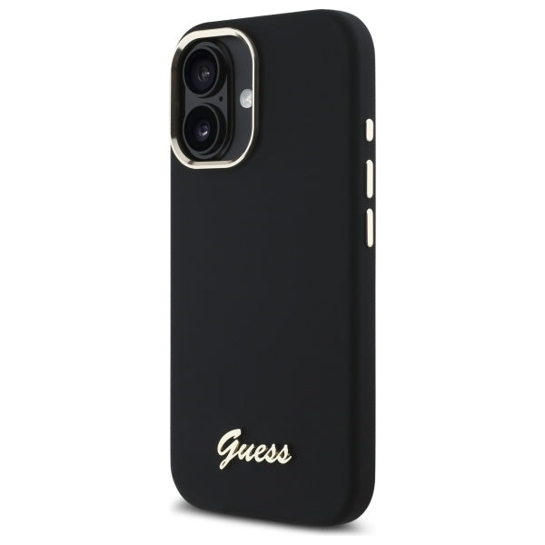 Guess Silicone Script Metal Logo & Frame Case til iPhone 16 - sort