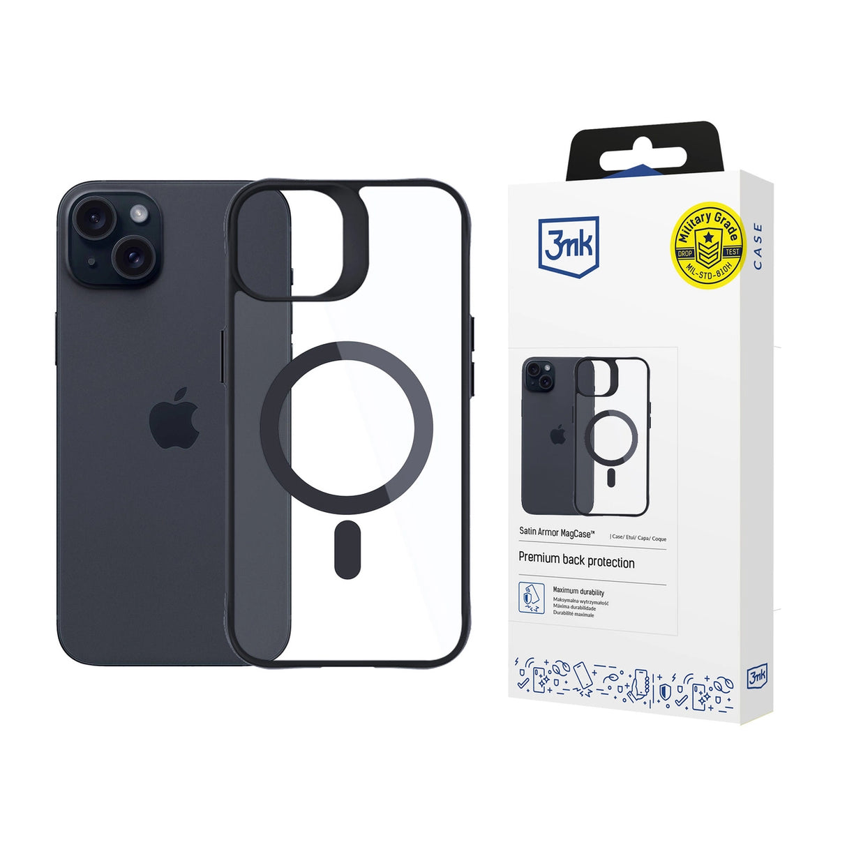 3mk Satin Armor MagCase med MagSafe til iPhone 15 - Klar med sort ramme