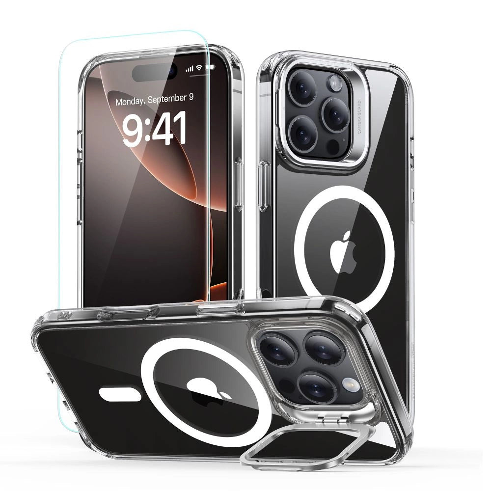 ESR Classic Hybrid Kickstand Halolock MagSafe Case Set med Stand + Hæmt Glas til iPhone 16 Pro - Clear