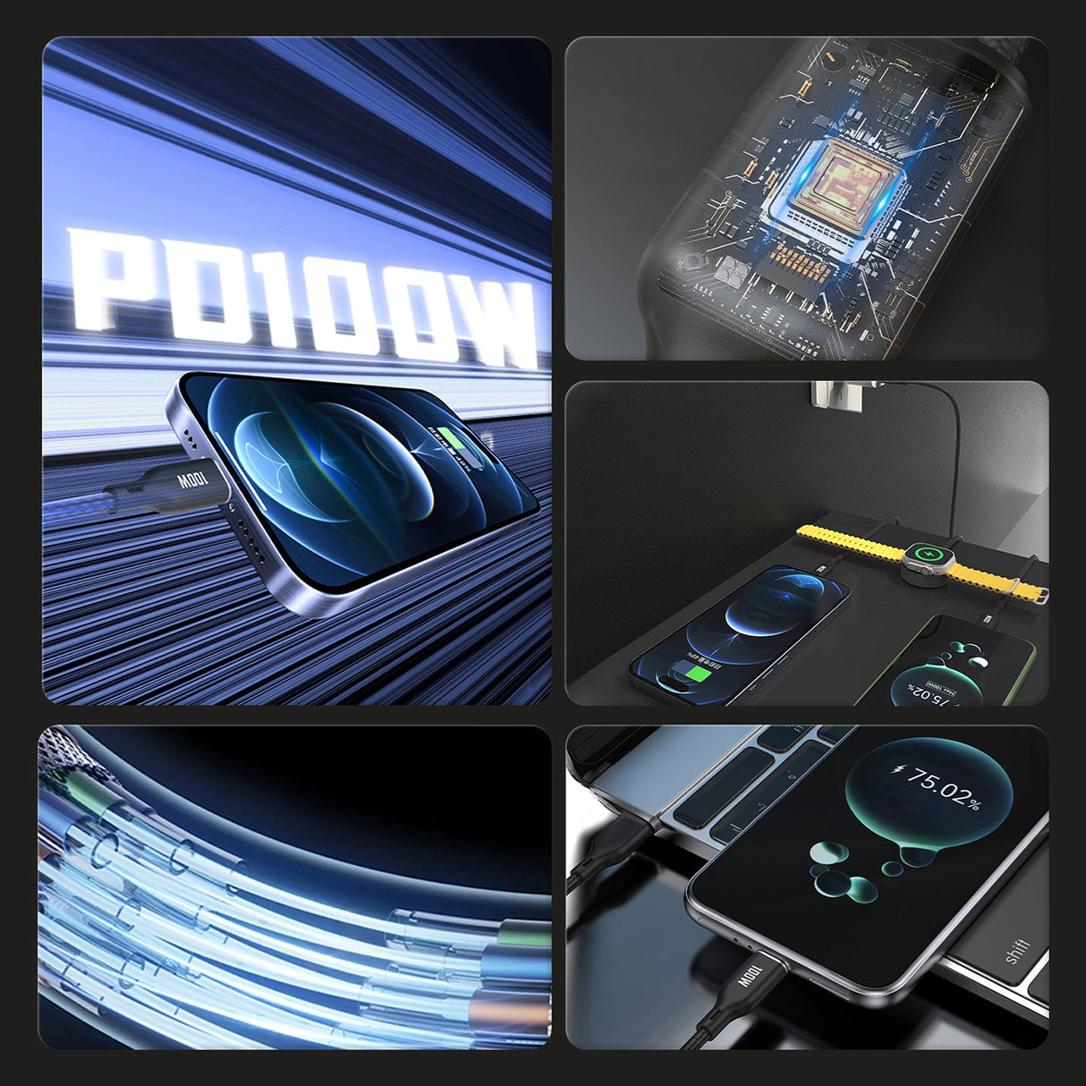 Apple Watch Dudao A12Max + PD 100W 3in1 oplader Kabel: USB-C Lightning 1,2 m - sort