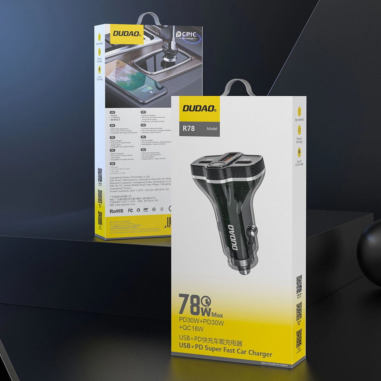 Dudao R78 78W Biloplader USB-C PD / 2xUSB-A QC - sort