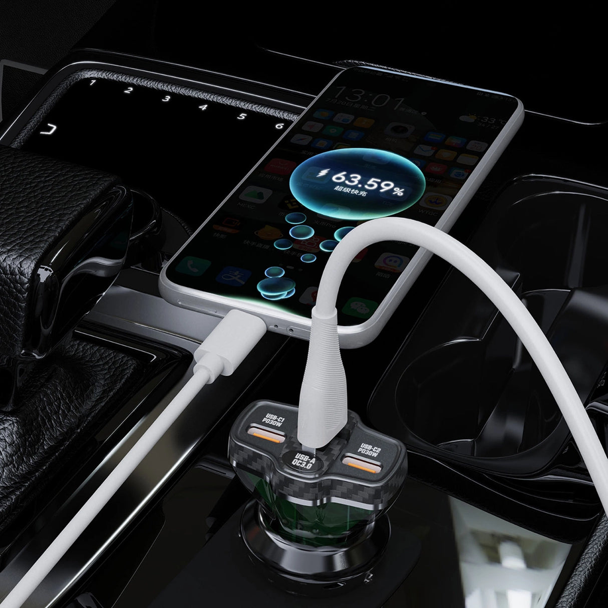 Dudao R78 78W Biloplader USB-C PD / 2xUSB-A QC - sort