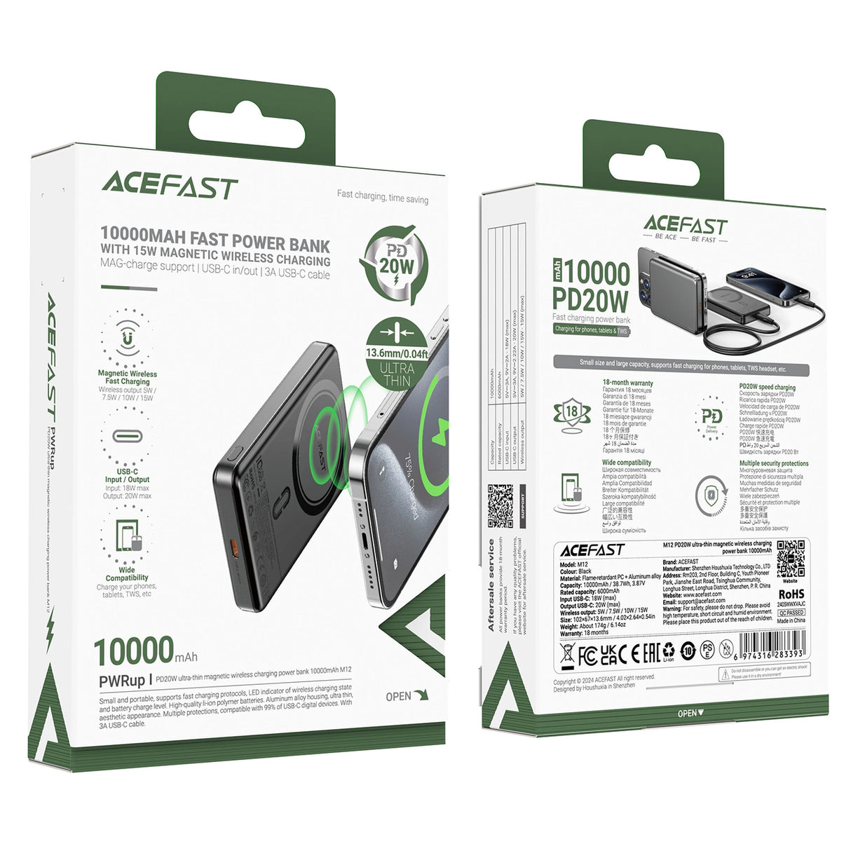 Powerbank Acefast M12-10000 PD20W ultra-slim, MagSafe kompatibel - sort