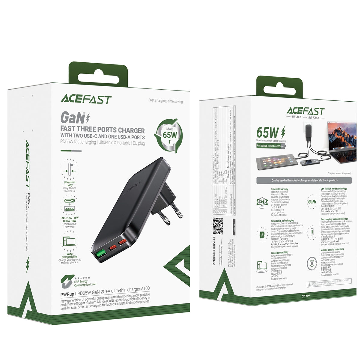 Acefast A100 65W GaN 2 USB-C+ USB-A oplader Ultra Slim - sort