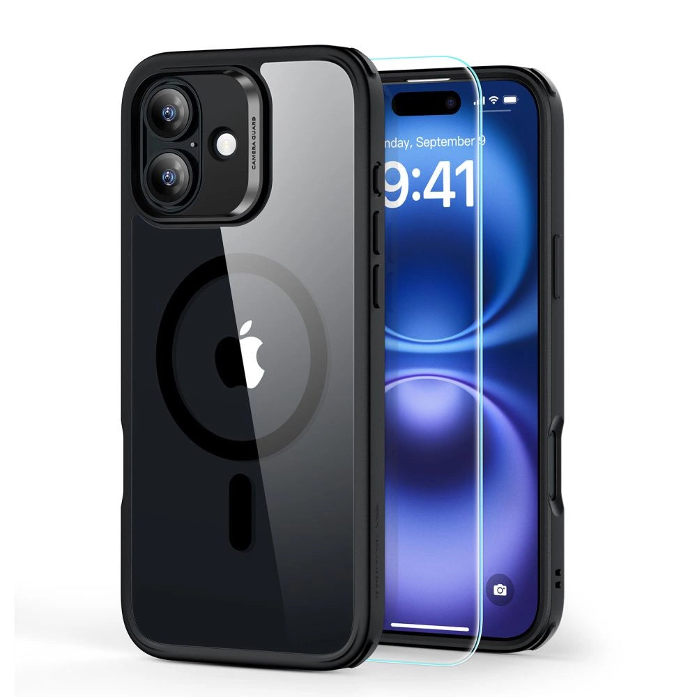 ESR Classic Hybrid Halolock MagSafe Case Set + Hæmt glas til iPhone 16 - Klar med sort ramme