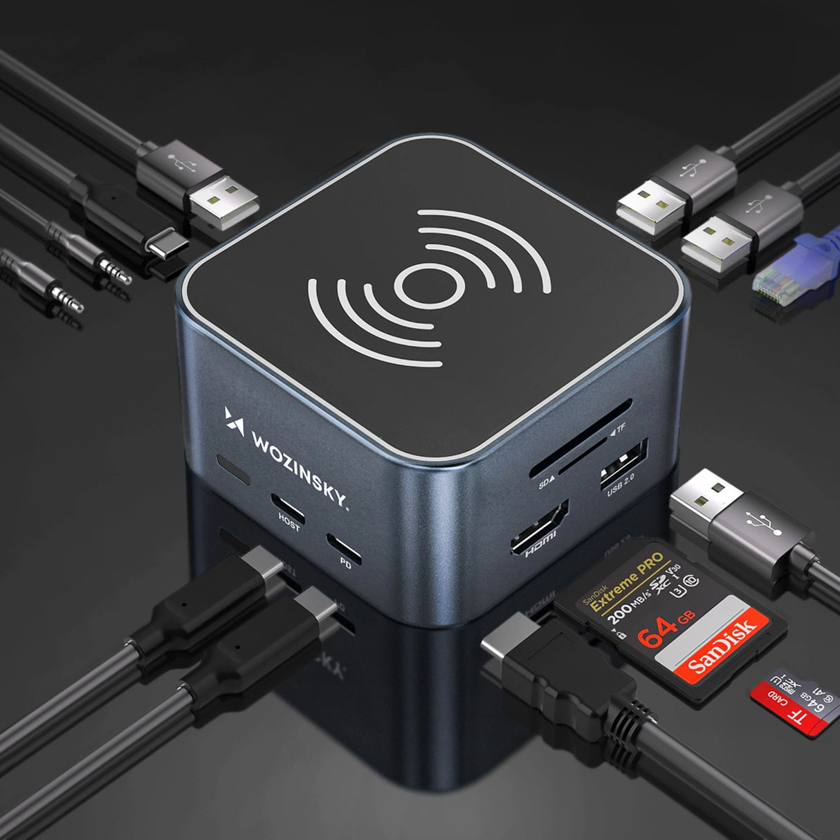 Hub USB-C 12 i 1 Wozinsky WHBC09Y8S multifunktionel, med trådløs opladningsfunktion, aluminium, med 15 cm kabel - grå