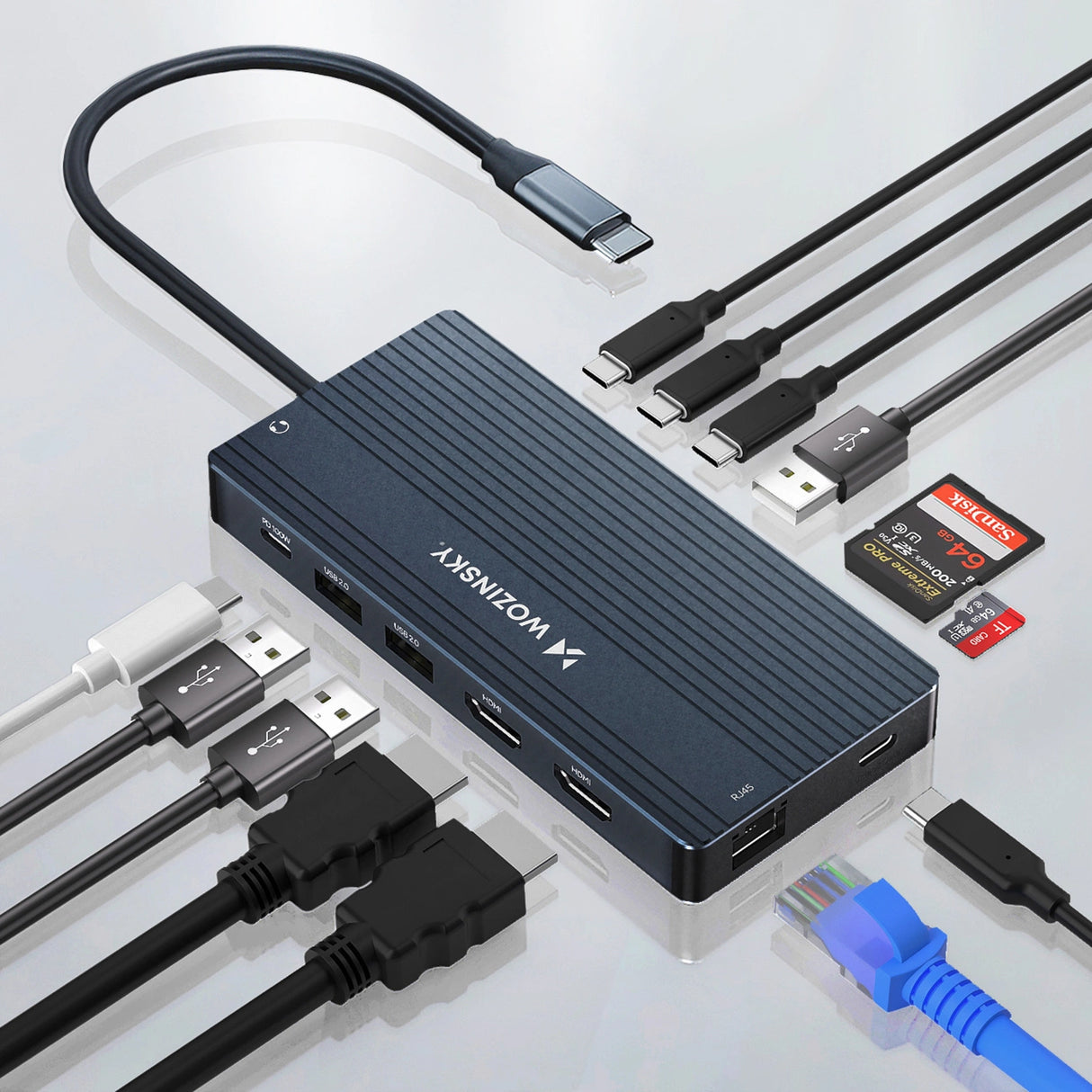 USB-C Hub 14 i 1 Wozinsky WDS03Y5S Multifunktionel, Aluminium, til 3 skærme, med 15 cm kabel - Grå