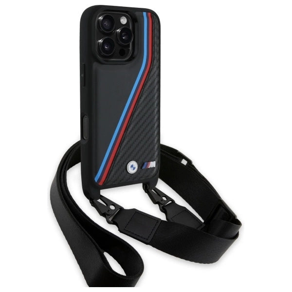 BMW M Edition Carbon Tricolor Lines & Strap Case til iPhone 16 Pro - sort