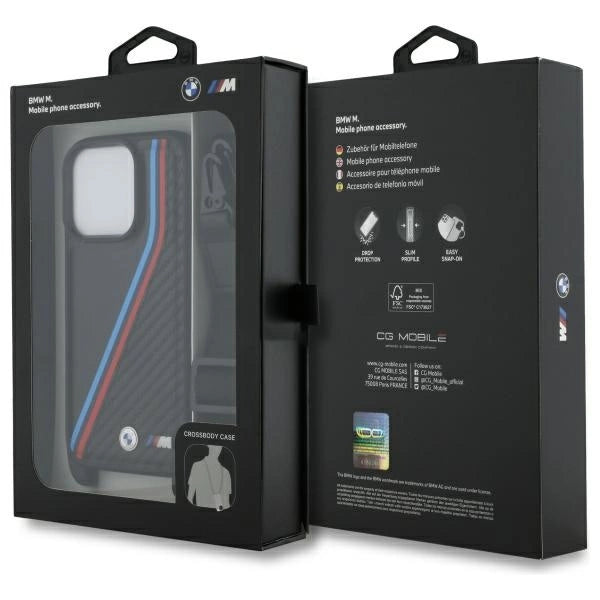 BMW M Edition Carbon Tricolor Lines & Strap Case til iPhone 16 Pro - sort