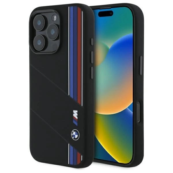BMW Silicone Cut Tricolor Lines MagSafe Case til iPhone 16 Pro - sort