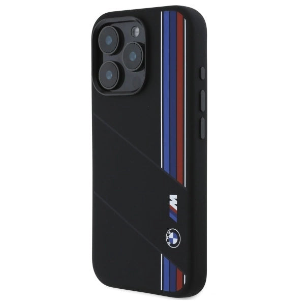 BMW Silicone Cut Tricolor Lines MagSafe Case til iPhone 16 Pro - sort