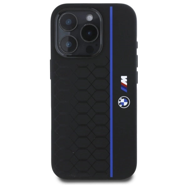 BMW silikone Hexagon Blue Line MagSafe Case til iPhone 16 Pro Max - sort