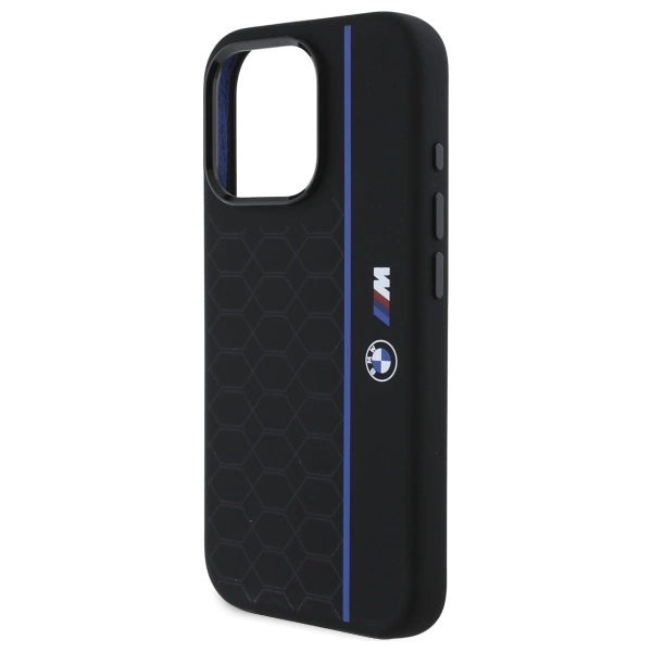 BMW silikone Hexagon Blue Line MagSafe Case til iPhone 16 Pro Max - sort