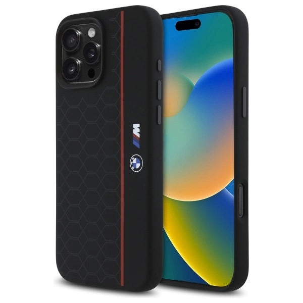 BMW silikone Hexagon Red Line MagSafe Case til iPhone 16 Pro Max - sort