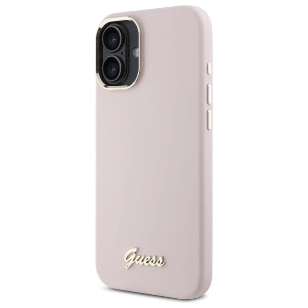 Guess Silicone Script Metal Logo & Frame iPhone 16 Case - Pink