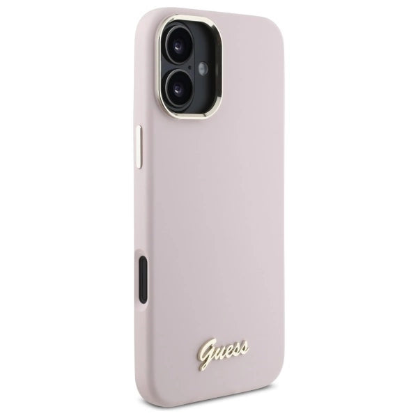 Guess Silicone Script Metal Logo & Frame iPhone 16 Case - Pink