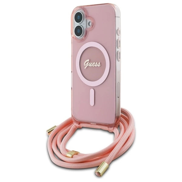 Guess Crossbody Cord Script MagSafe iPhone 16 Case - Pink