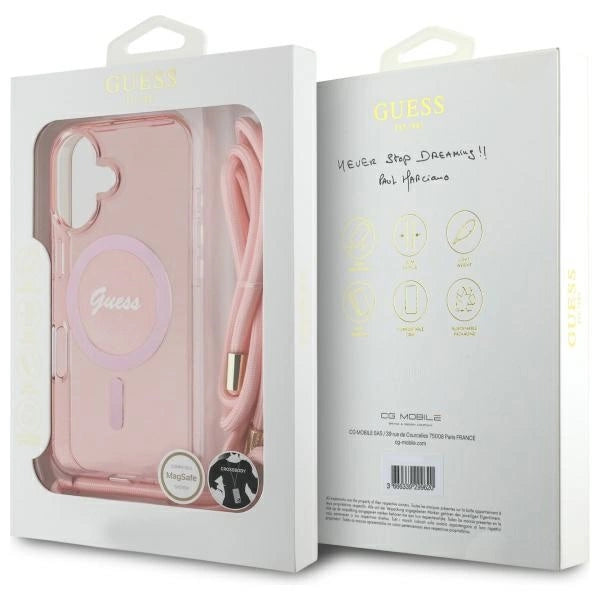 Guess Crossbody Cord Script MagSafe iPhone 16 Case - Pink