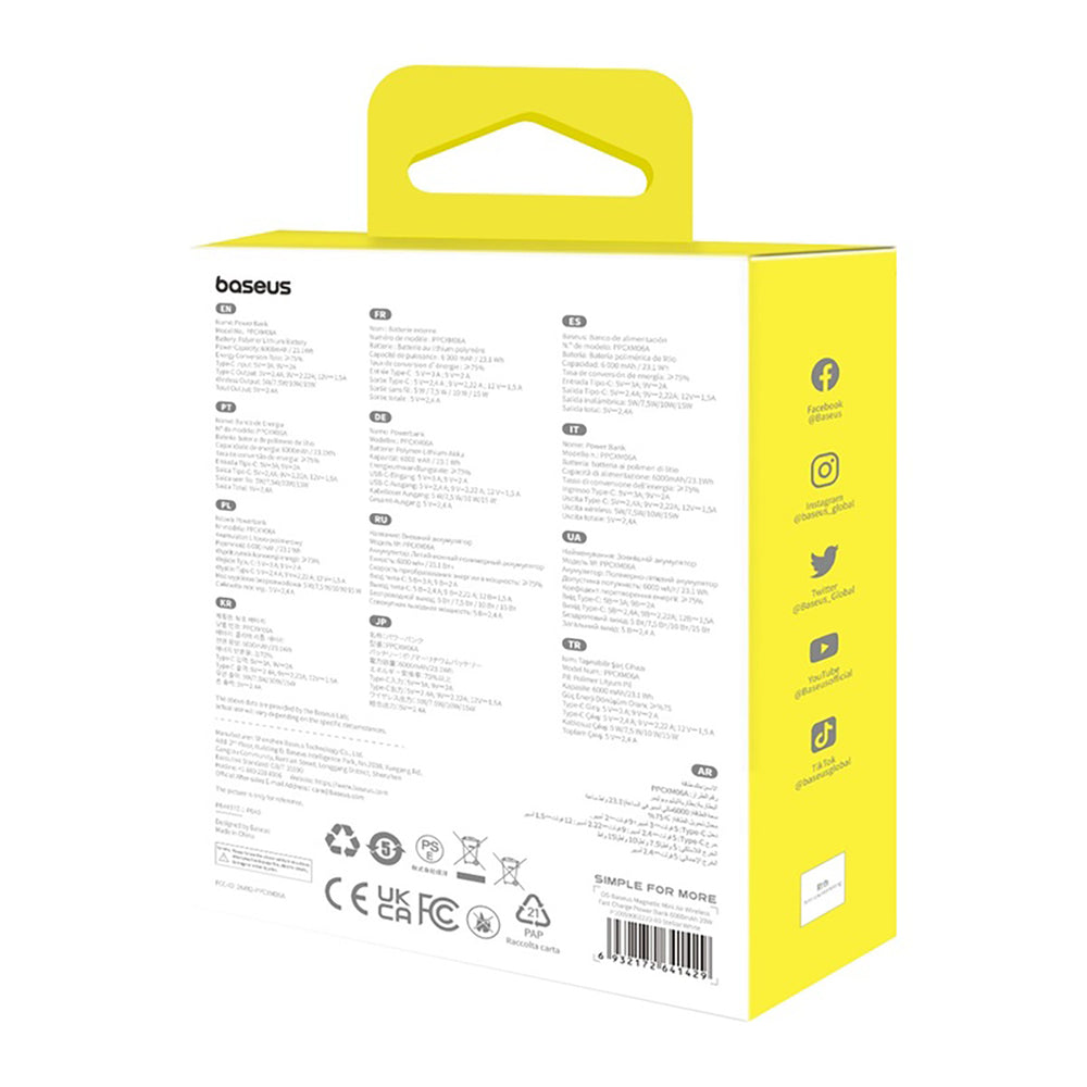 Baseus Magnetic Mini Air PPCXM06A 6000mAh 20W Power Bank med Simple Series USB-C-kabel - hvid